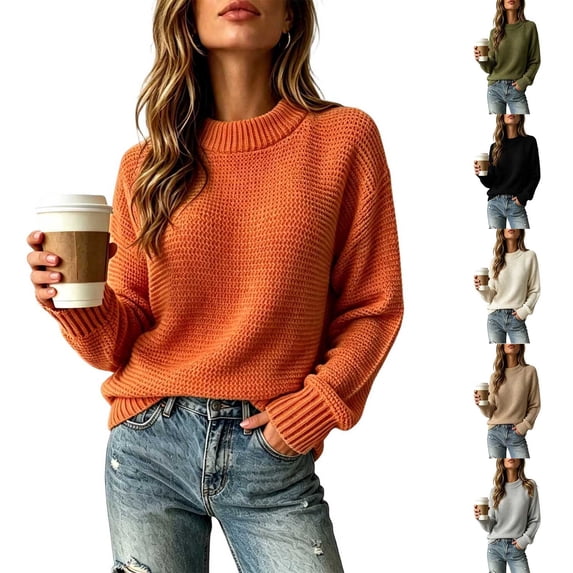 DailyTrove Women Crew Neck Textured Knit Sweater Long Sleeve Drop Shoulder Relaxed Fit Casual Pullover Tops