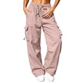 thumbnail image 1 of DailyTrove Women Elastic Drawstring Waist Wide Leg Parachute Cargo Pants Solid Casual Trousers, 1 of 6