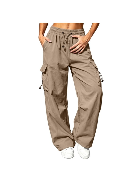 Women Elastic Drawstring Wide Leg Cargo Parachute Pants Solid Casual Street Trousers