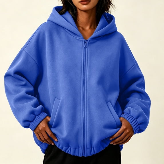 DailyTrove Women Full Zip Cropped Hooded Jacket Oversized Long Sleeve Dual Side Pocket Solid Fleece Hoodie