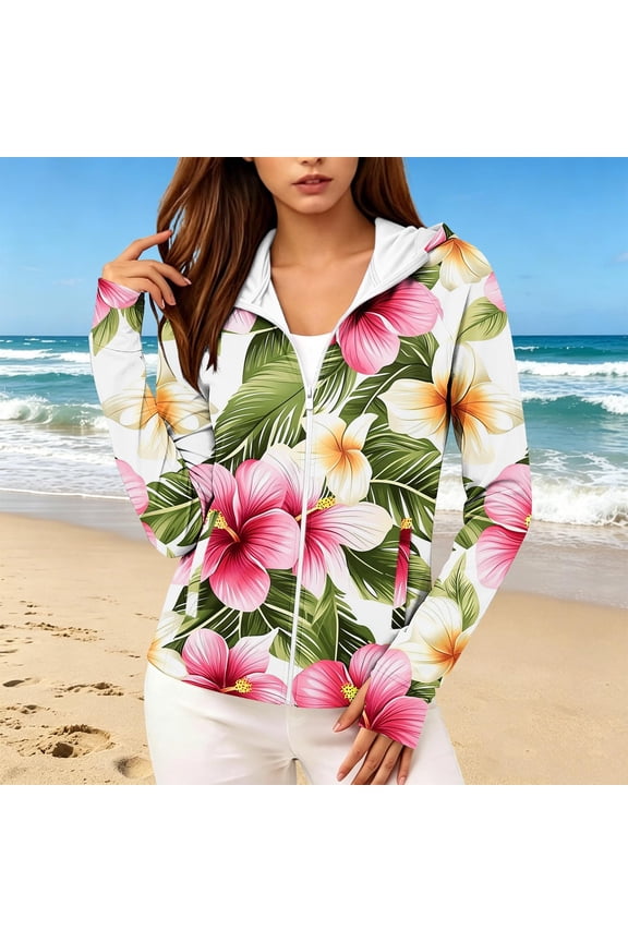 Women Full Zip Hooded Pink Hibiscus Floral Print Lightweight Summer Sun Protection Coat