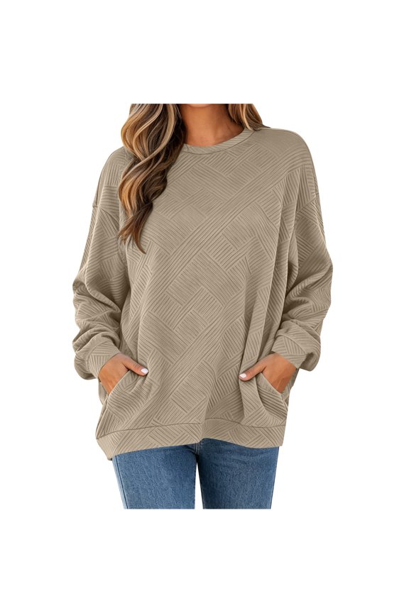 Women Geometric Jacquard Textured Sweatshirt Crewneck Oversized Pullover Top with Pockets