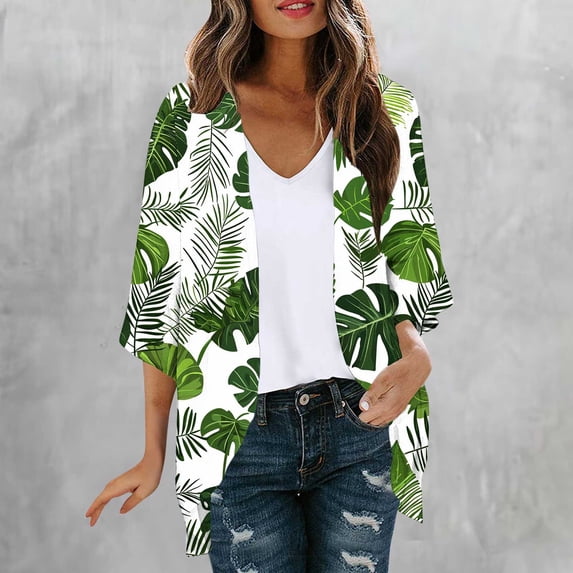 DailyTrove Women Green Leaf Print Open Front Cardigan Casual 3/4 Sleeve Loose Cover Up