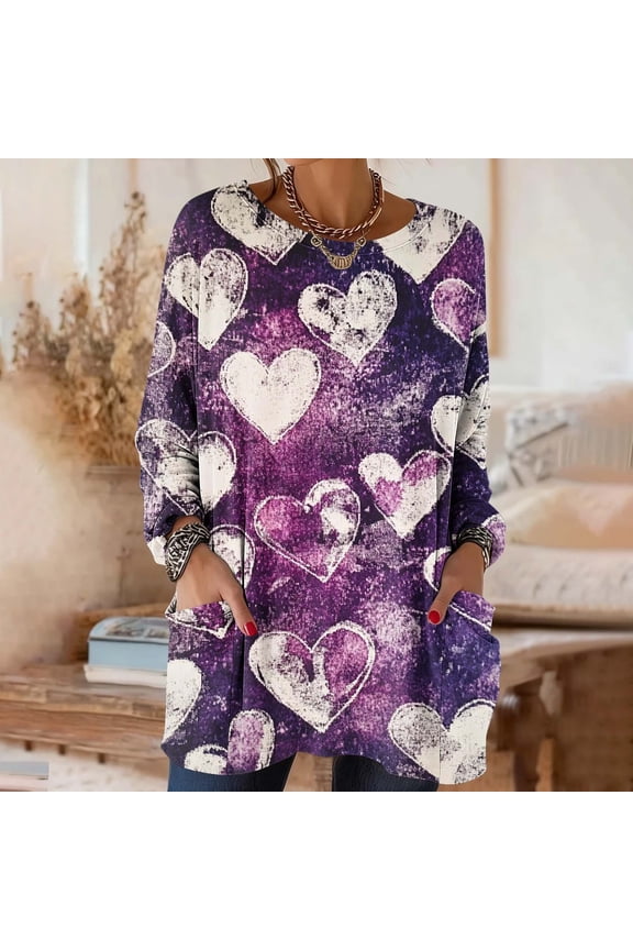 Women Heart Print Blouse Casual Long Sleeve Loose Tunic Top with Pockets