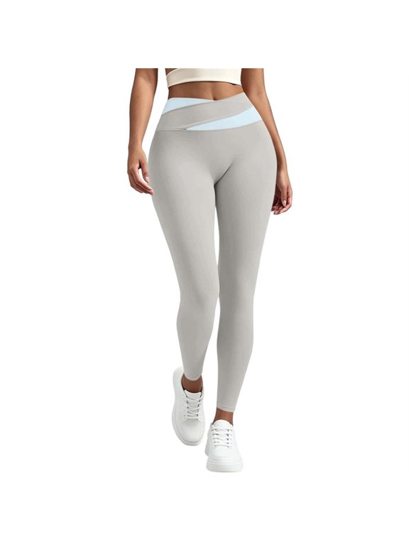 Women High Waist Color Block Cross Waist Yoga Leggings Stretch Tummy Control Workout Running Pants