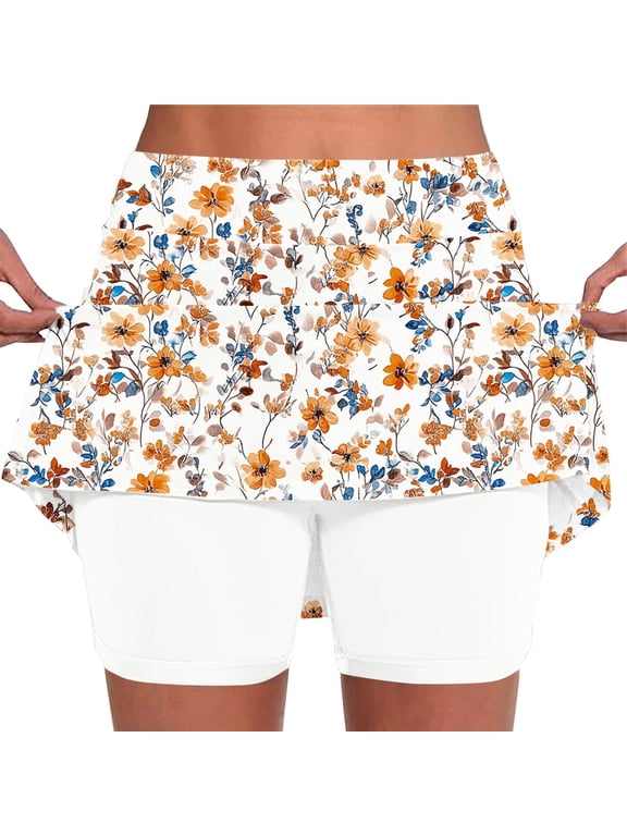 Women High Waist Floral Graphic Print Tennis Skort Built-in Shorts Casual Athletic Skirt