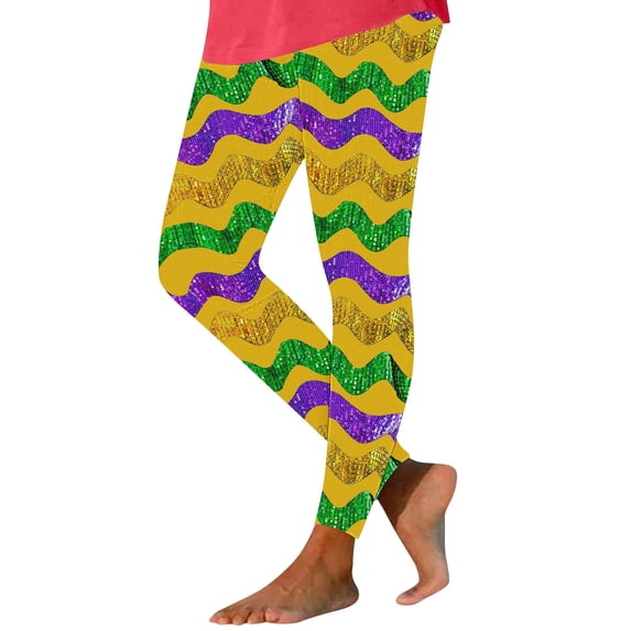 DailyTrove Women High Waist Stretch Leggings, Mardi Gras Theme Printed Full Length Pants