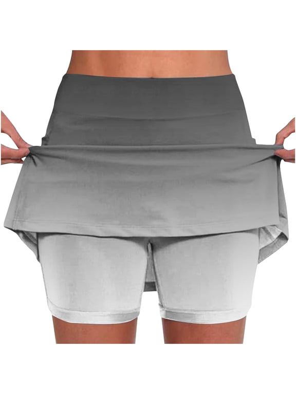Women High Waist Tennis Skorts 2 in 1 Plain Gradient Color Print Daily Walking Skirt