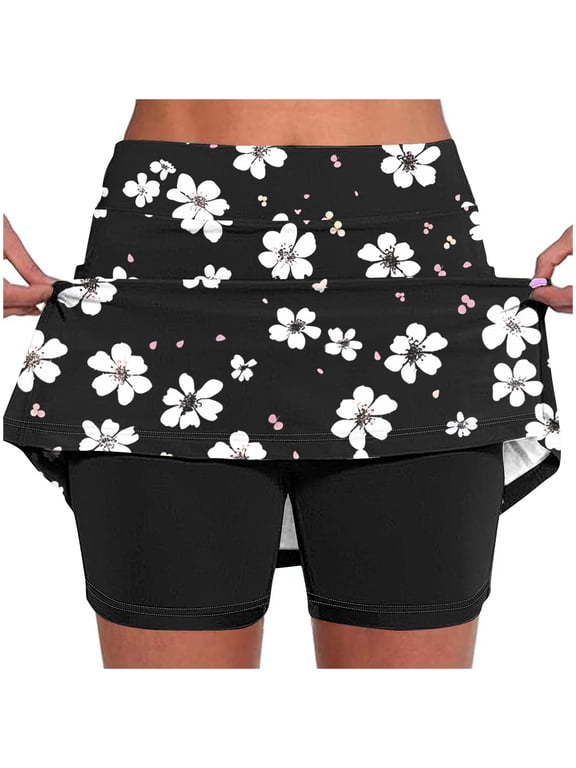 Women High Waist Tennis Skorts 2 in 1 Polka Dot Mix Floral Print Outdoor Sports Skort