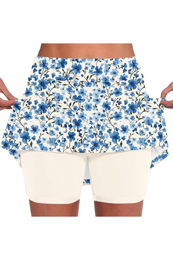 Women Light Blue Floral Print Skort Casual Elegant Flared Skirt with Built-in Shorts