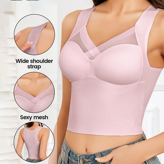 DailyTrove Women Long Line Wireless Bralette Mesh Splice Soft Comfort Bra for Daily Under Outfits