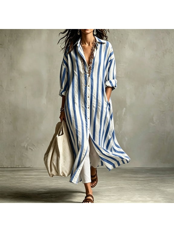 Women Long Sleeve Open Front Striped Shirt Duster Collared Loose Cover‑Up Maxi Tunic Cardigan