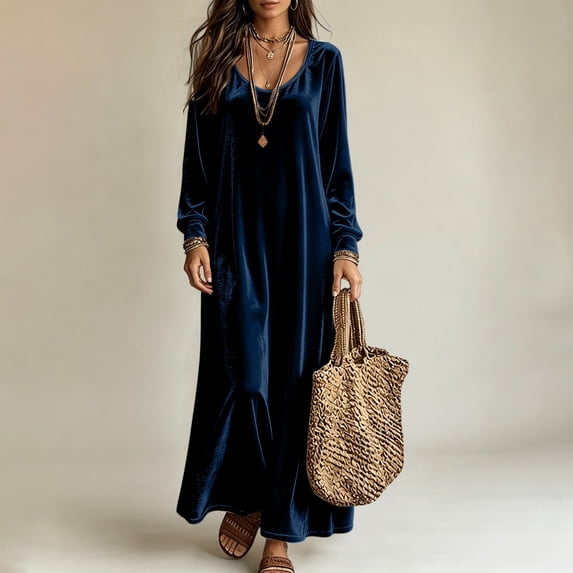 DailyTrove Women Long Sleeve U Neck Velvet Maxi Dress Loose Solid Casual Fall Winter Long Dress