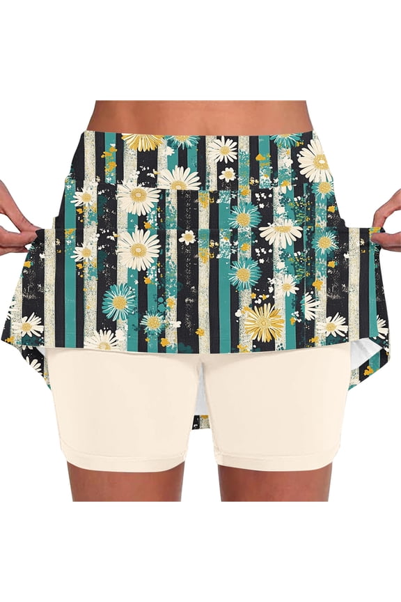 Women Multicolor Print Skort Casual Bohemian Flared Skirt with Built-in Shorts