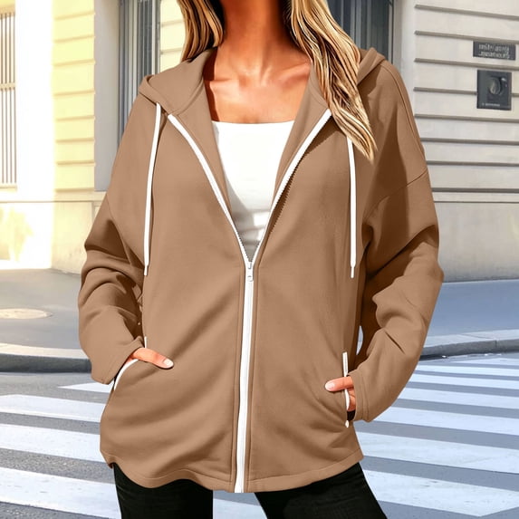 DailyTrove Women Oversized Zip Up Hoodie Long Sleeve Casual Pullover Jacket With Kangaroo Pockets