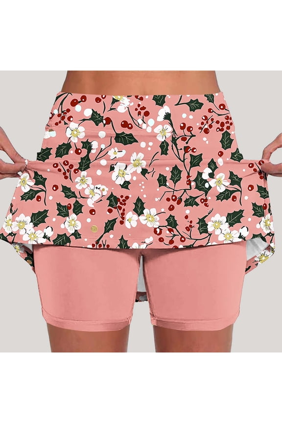 Women Pink Cherry Print Skort Casual Cute Summer Skirt with Built-in Shorts