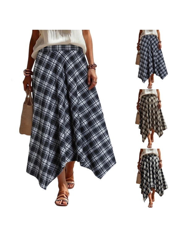 Women Plaid Print Asymmetrical Hem Midi Skirt High Waist Loose Casual Long Skirt