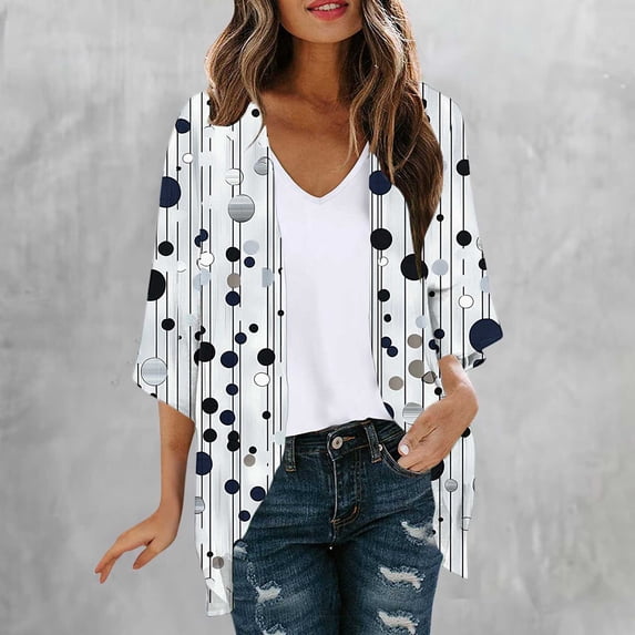 DailyTrove Women Polka Dot Print Open Front Cardigan Casual 3/4 Sleeve Loose Cover Up