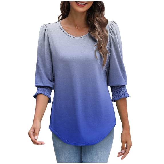 DailyTrove Women Relaxed Curved Hem Tops Round Neck Three Quarter Sleeve Floral Blouses