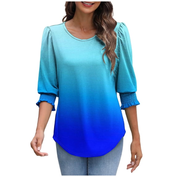 DailyTrove Women Relaxed Curved Hem Tops Round Neck Three Quarter Sleeve Floral Blouses