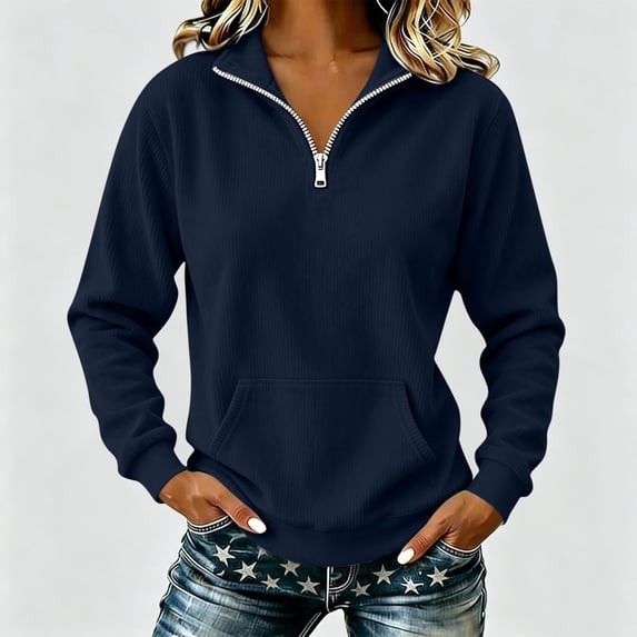 DailyTrove Women Ribbed Knit Half Zip Sweatshirt Stand Collar Long Sleeve Pullover Top With Pocket