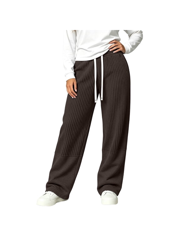 Women Ribbed Patchwork Wide Leg Sweatpants Drawstring Solid Casual Trousers