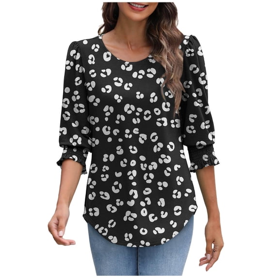 DailyTrove Women Round Neck 3/4 Sleeve Floral Dot Print Loose Curved Hem Casual Tunic Top