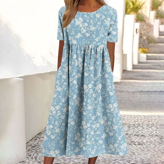 DailyTrove Women Round Neck 3/4 Sleeve Small Floral All Over Print Loose Side Pocket Flowy Midi Dress