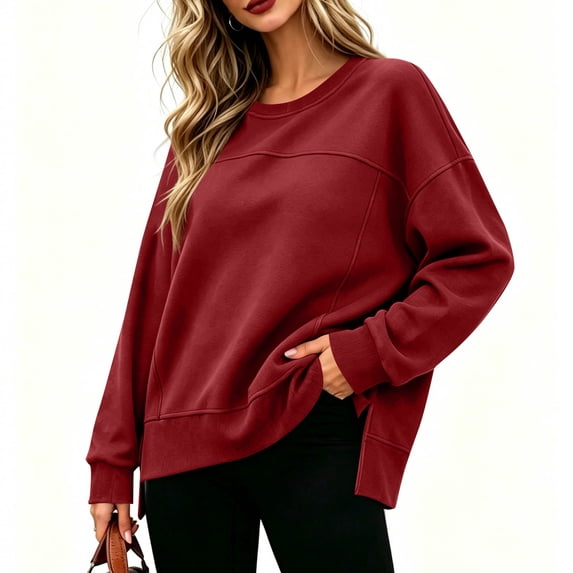 DailyTrove Women Seamed Front Split Hem Crewneck Sweatshirt Oversized Long Sleeve Casual Pullover