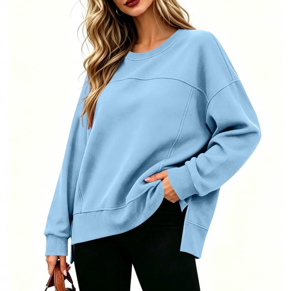 DailyTrove Women Seamed Front Split Hem Crewneck Sweatshirt Oversized Long Sleeve Casual Pullover