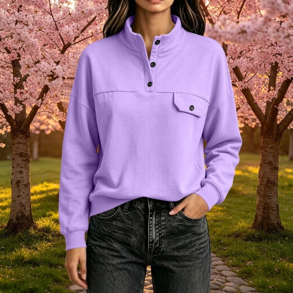 DailyTrove Women Solid Color Loose Pullover Sweatshirt, Mock Neck Long Sleeve Button Detail Pocket Casual Tops