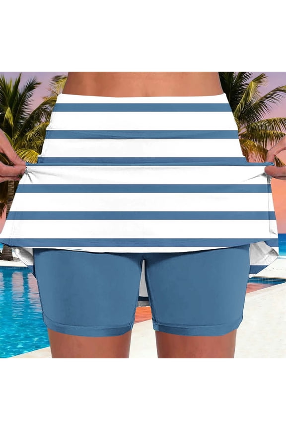 Women Striped Skort Casual High Waist Athletic Skirt with Built-in Shorts