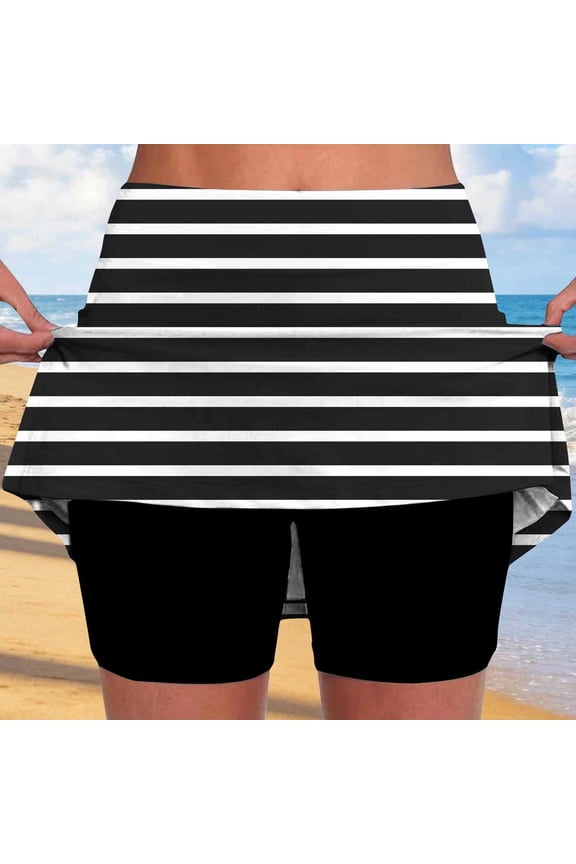 Women Striped Skort Casual High Waist Athletic Skirt with Built-in Shorts