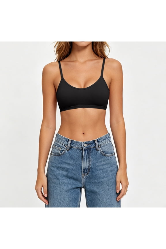 Women Thin Spaghetti Strap Scoop Neck Wireless Seamless Ribbed Knit Sports Bra Camisole Crop Top