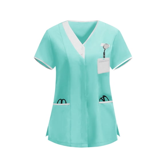 DailyTrove Women V Neck Contrast Trim Scrub Top Medical Uniform with Pockets