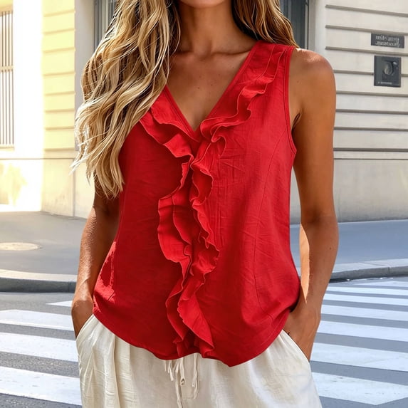 DailyTrove Women V Neck Ruffle Front Soft Sleeveless Tank Top Daily Casual Camisole