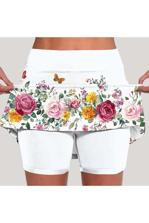 Women White Floral Butterfly Print Skort Casual Romantic Summer Skirt with Inner Shorts