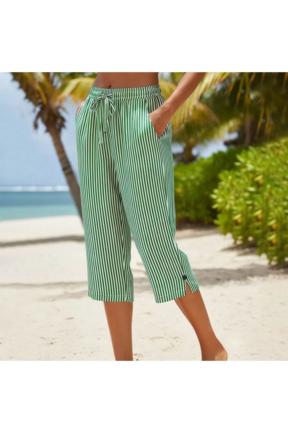Women Zebra Print High Waist Capri Pants Casual Drawstring Waist Rolled Hem Loose Pants with Pockets