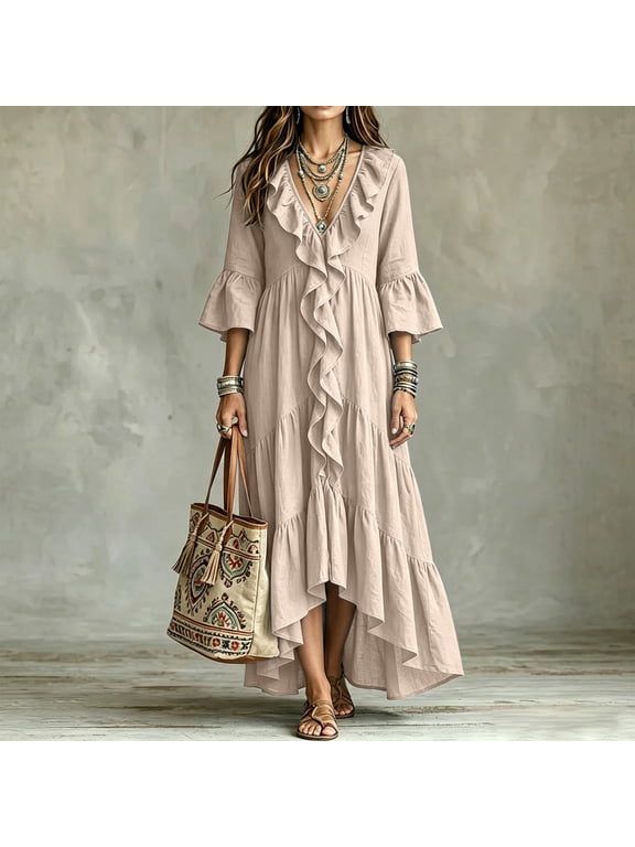 Women’s 3/4 Sleeve Deep V Neck Ruffle Maxi Dress Tiered Solid Linen‑Like Casual Long Dress