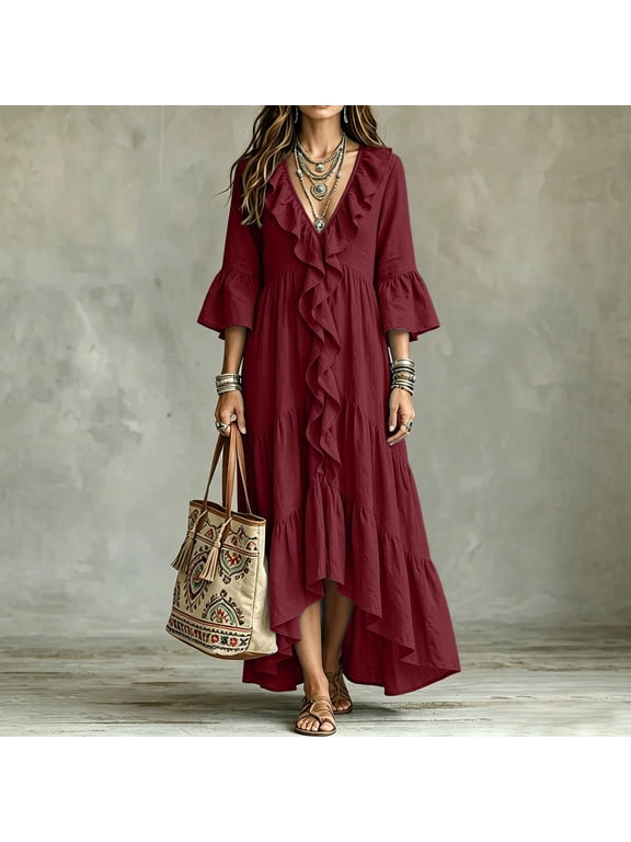 Women’s 3/4 Sleeve Deep V Neck Ruffle Maxi Dress Tiered Solid Linen‑Like Casual Long Dress