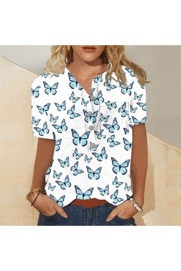 Women's Abstract Floral Ink-Wash Short Sleeve Top - Casual Loose Blouse, Artistic for Gallery & Daily