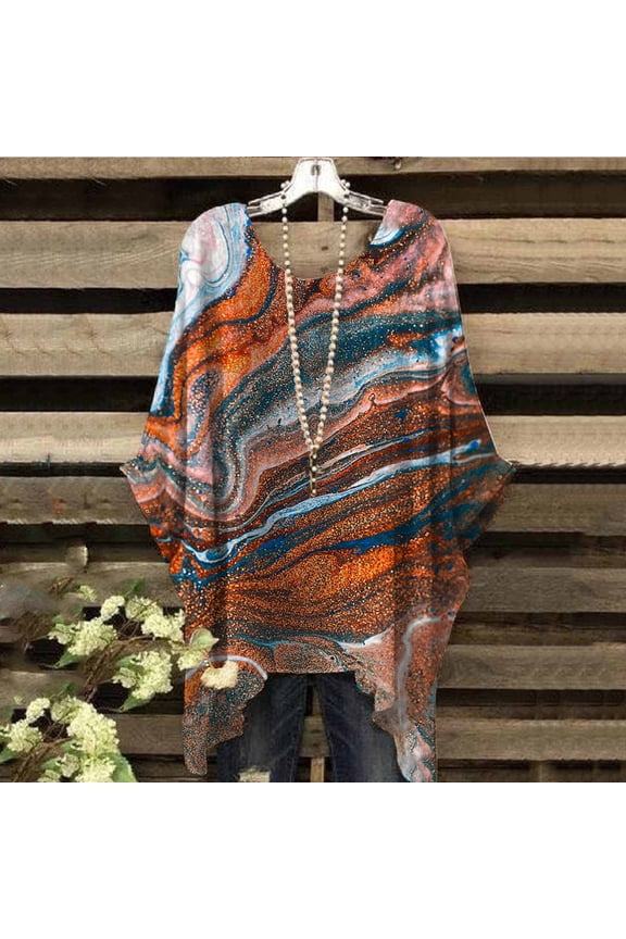 Women's Abstract Marble Print Short Sleeve Tunic - Casual Loose Top, Artistic for Gallery Visits & Daily