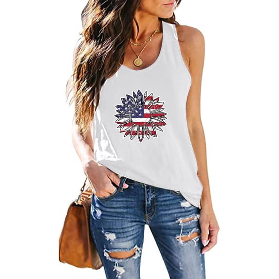 DailyTrove Women's American Flag Graphic Sleeveless Tank - Casual V-Neck Top, Patriotic for Holidays & Outings