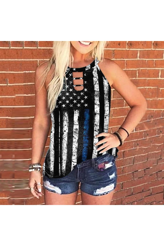 Women's American Flag Halter Sleeveless Tank - Casual V-Neck Top, Patriotic for 4th of July & Beach