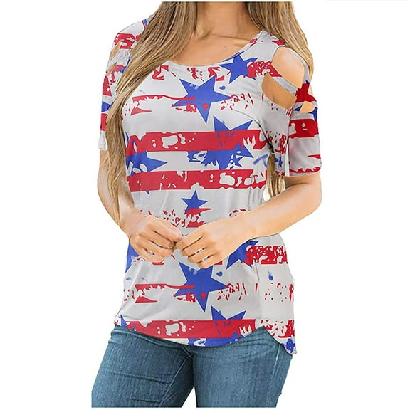 DailyTrove Women's American Flag Off-Shoulder Top - 3/4 Sleeve Casual Blouse, Patriotic for 4th of July & Outdoor Gatherings