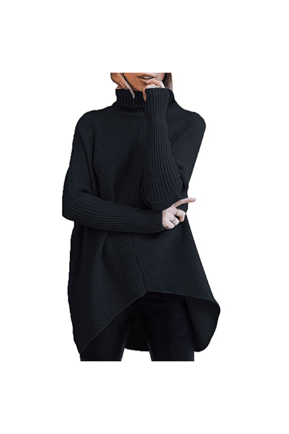 Women's Asymmetric Hem Turtleneck Top, Long Sleeve, Casual Winter & Office Wear, Warm Polyester Blend, Plus Size Friendly