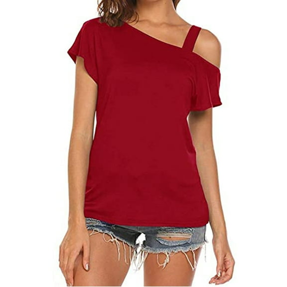 DailyTrove Women's Asymmetrical Cold-Shoulder Short Sleeve Top - Casual Draped Blouse, Stylish for Dates & Nights