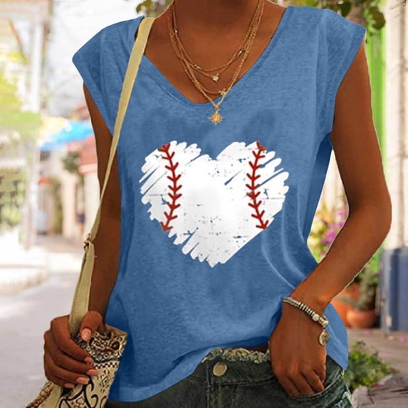 DailyTrove Women's Baseball Heart Print Sleeveless Tank - Casual V-Neck Top, Cute for Sports Fans & Outings