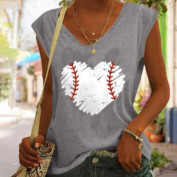 DailyTrove Women's Baseball Heart Print Sleeveless Tank - Casual V-Neck Top, Cute for Sports Fans & Outings