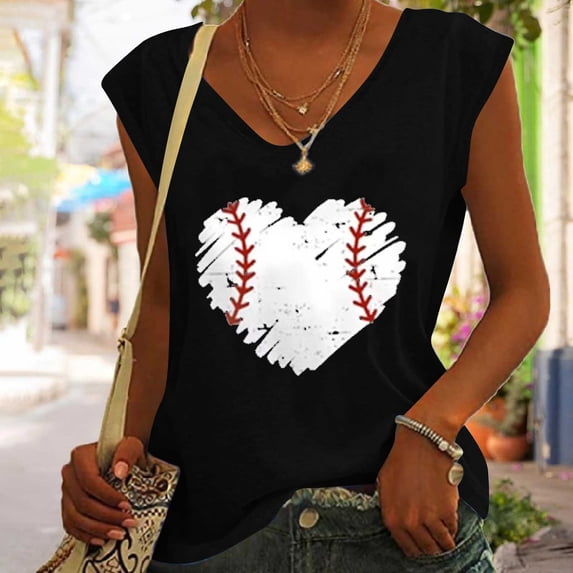 DailyTrove Women's Baseball Heart Print Sleeveless Tank - Casual V-Neck Top, Cute for Sports Fans & Outings